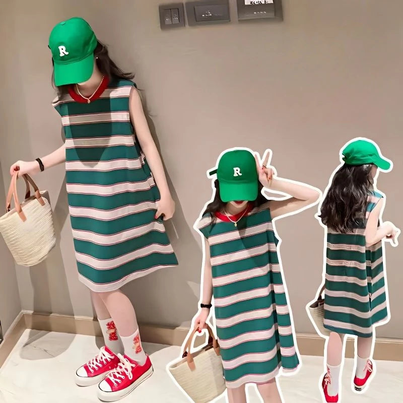 Striped Long T-shirt Children's Stylish Sleeveless Dress Vest Skirt Kids Girls Dresses 10 12 Years Old Teenager Elegant Sale 6 8