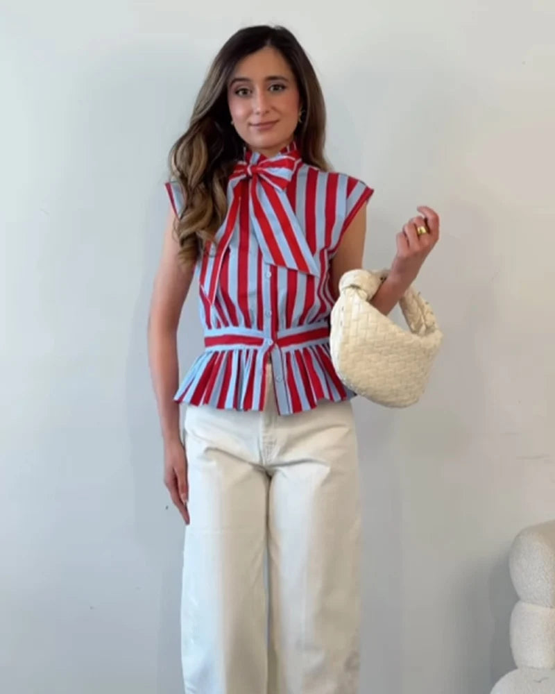 Women's Shirt 2026 New Spring Summer Bowknot Sleeveless Slim Striped Shirt for Women Casual Chic Personality Female Shirt