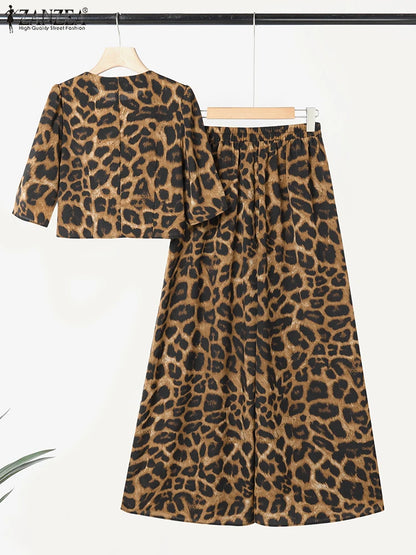 ZANZEA Leopard Print 2 Pieces Sets Woman Street Fashion Puff Sleeve Short Tops Wide Leg Pants 2pcs Suits Outfits OL Pant Sets