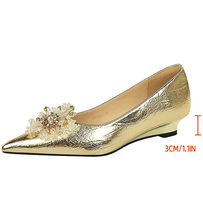 BIGTREE Shoes Women Wedges Metal Decoration Wedding Shoes Rhinestone Pointed Low Heel Ladies Shoes Luxury Banquet Shoes Fashion