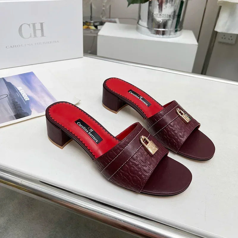 Women's Luxury Black Red Mule Sandals CH Brand Embossed Leather Upper Metal Lock Buckle Design Block Heel Slides for Daily Wear