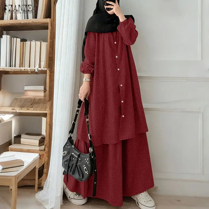 2026 ZANZEA Muslim 2 Pieces Sets Long Shirt Dress Suit Hijab Tracksuit Oversize Plaid Outfit Women Long Sleeve Tops Kaftan Skirt