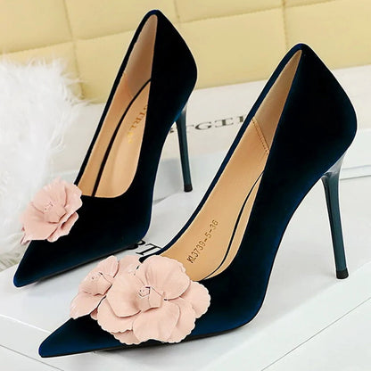 Fashiona High Heels 9.5 cm Color Blocked Flowers Women Pumps Thick Suede Elegant Banquet Shoes Stilettos Heeled Shoes Woman 2026