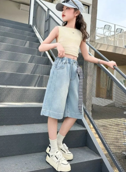 Lightweight Girls' Denim Crop Shorts 2026 Summer Loose Design with Lace Trim Kids' Cotton Blend Shorts