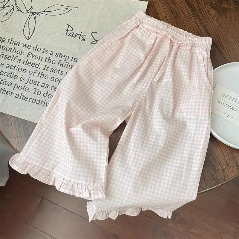 1Set Summer Girls Bow Outfit Baby Infant T-shirt+Pant Set Kids Princess Sweet Short Sleeve Set Children Wide Leg Grid Pants Suit