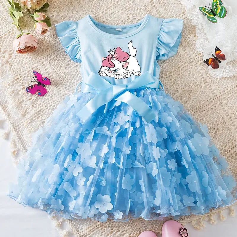 Marie Cat Girls Summer Dress Cartoon Bow Tutu Dress 3D Butterfly Cute Cotton Party Casual Dress for Baby 2-6 Years