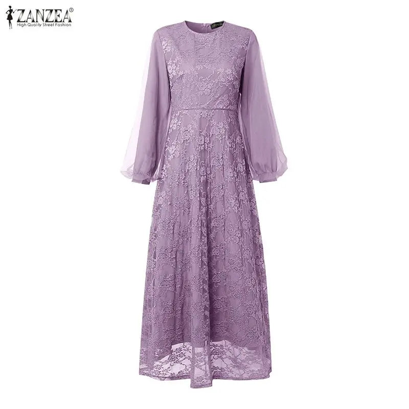 Fashion Muslim Abaya ZANZEA 2026 Spring Lace Patchwork Dresses Women Elegant Party Dress Long Sleeve Mesh Sundress Ramadan Robe