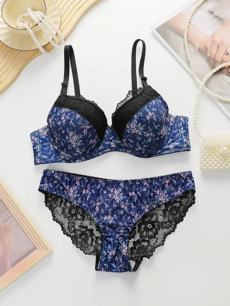 Women's Sexy Printed Lace Edge Bra Set With Steel Ring Gathering Push Up Daily Close Fitting Underwear Set B6016