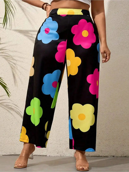 Plus Size Colorful Flower Print Wide Leg Pants, Vacation Style High Waist Pants For Spring & Summer, Women's Plus Size Clothing