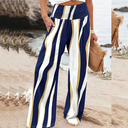 Women's Summer Casual Floral Print Elastic Wide-Waist Wide-Leg Pants Comfortable Loose-Fit Trousers Suitable for Vacation and Daily Casual Wear