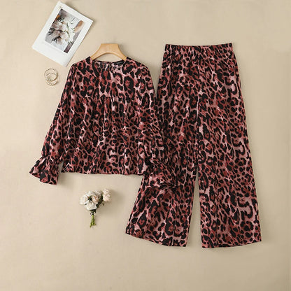 ZANZEA Women Muslim Sets Autumn Leopard Print Two Piece Outfit Ruffle Long Lantern Sleeve Blouse Elastic Waist Wide Leg Pants