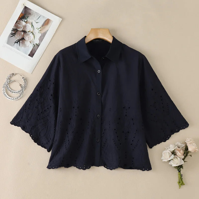 ZANZEA Women Openwork Embroidered Shirts Casual Turn-Down Collar 3/4 Sleeve Button Up Tops Summer Daily Streetwear Camisas Mujer