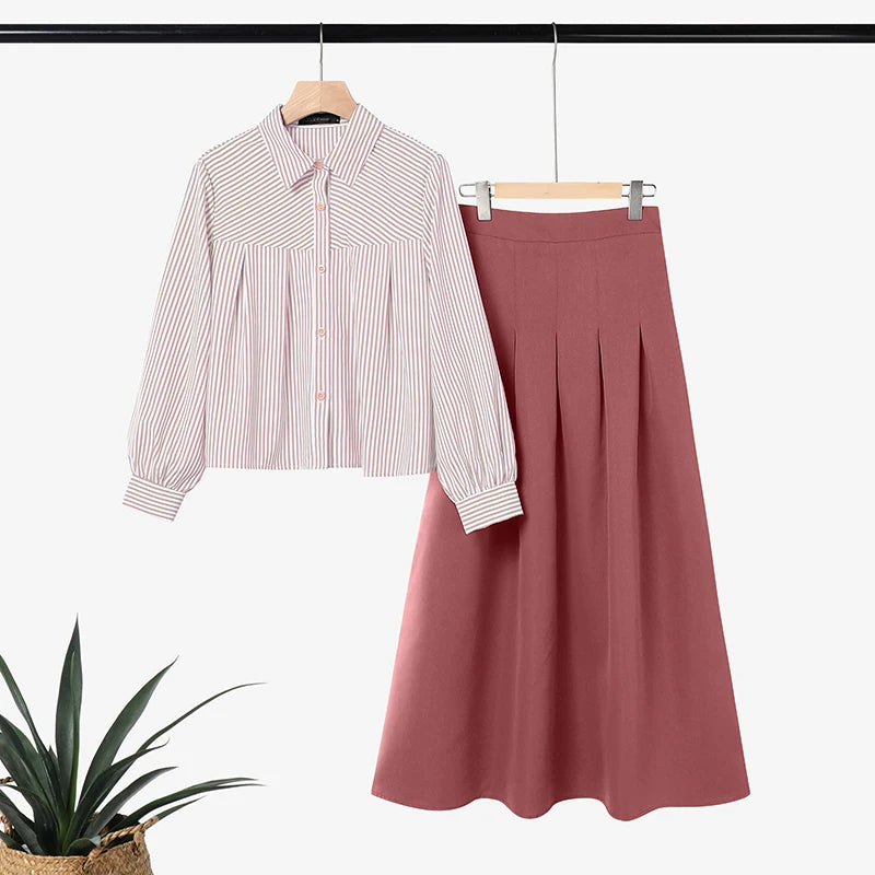 ZANZEA 2PCS Women Muslim Matching Sets Elegant Long Sleeve Striped Shirt Dress Suit Ramadan Outfits Fashion Hijab 2 Pieces Sets