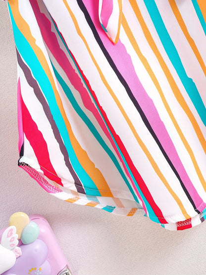 Girls' Summer Casual Fashion Sweet Colorful Striped V-Neck Belted Irregular Hem Short-Sleeved Dress