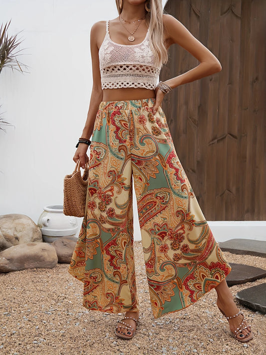 Elegant Directional Holiday Long Pants with Wide Flounce Design for Women