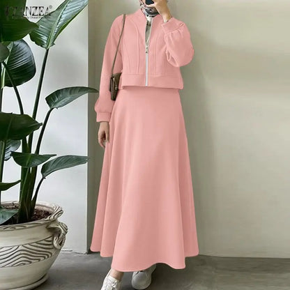 ZANZEA 2026 Spring Outfits Long Sleeve Blouse Skirt Suit Fashion Women 2 Pieces Sets Zipper Coats Maxi Dress Muslim Matching Set