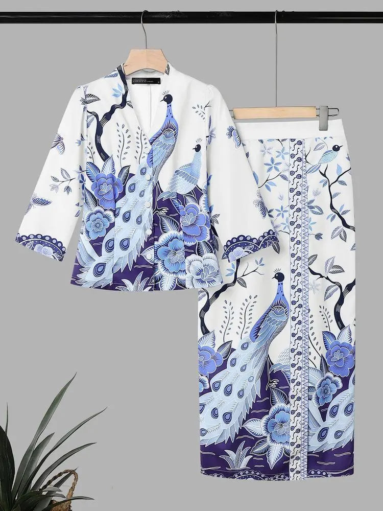 Women Bohemian Dress Sets ZANZEA Stylish Printed Outfits Elegant V Neck 3/4 Sleeve Blouse Maxi Skirt Suit Holiday 2 Pieces Sets