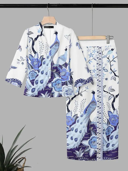 Women Bohemian Dress Sets ZANZEA Stylish Printed Outfits Elegant V Neck 3/4 Sleeve Blouse Maxi Skirt Suit Holiday 2 Pieces Sets