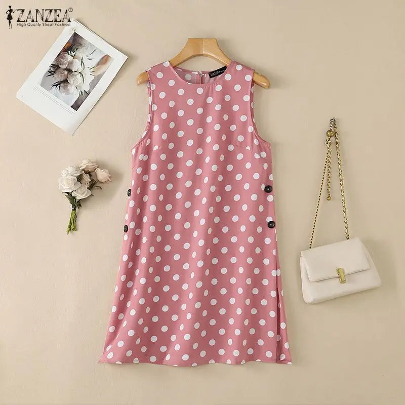 ZANZEA Women Summer Fashion Long Tank Tops Polka Dots O-Neck Sleeveless Side Slit Knee-Length Tops Casual Everyday Wear Tanks