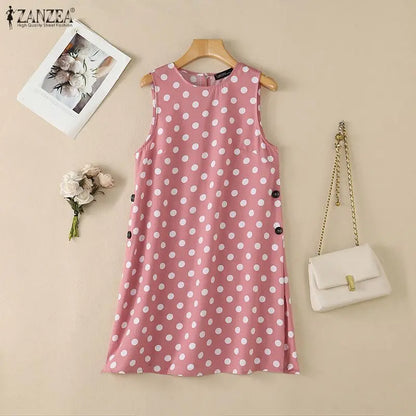 ZANZEA Women Summer Fashion Long Tank Tops Polka Dots O-Neck Sleeveless Side Slit Knee-Length Tops Casual Everyday Wear Tanks
