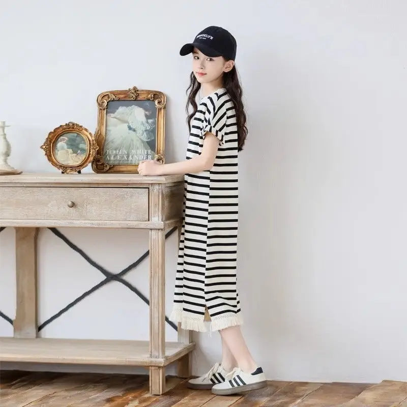 Casual Dress Short Sleeve Striped T-shirt Skirt Sunday Luxury Girl Frock for Girls 2025 Summer Clothes Girls' Beach Dresses Kids