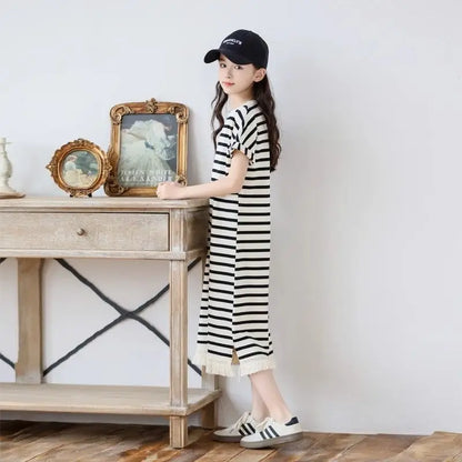 Casual Dress Short Sleeve Striped T-shirt Skirt Sunday Luxury Girl Frock for Girls 2025 Summer Clothes Girls' Beach Dresses Kids