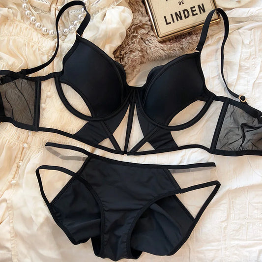 French Sexy Hollow Lingerie Set Women Ultra Thin Lace Bra Set Summer Mesh Breathable Underwear Fish Bone Tops Intimates Bras