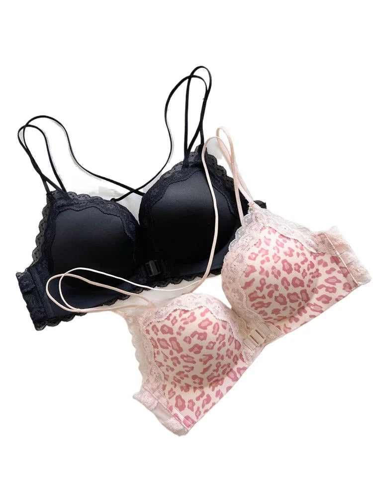 Victoria Style MOYISU Pink Leopard Wireless Bra Set, Front Hook Design, Push Up Bralette, Sexy Back Lingerie To Boost Small Bust
