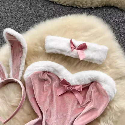 Sweet Red Bunny Lingerie Underwear Set Women Sexy Soft Plush Cute Bowknot Sweet Nightgowns Christmas Rabbit Cosplay Costumes New