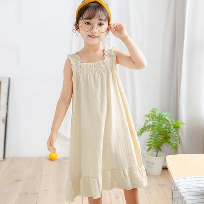 2026 New 100% Cotton Girls Summer Nightgown Thin Princess Spaghetti Strap
