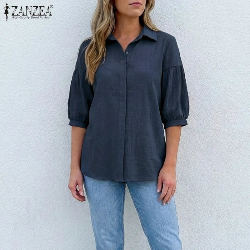ZANZEA Women's Crinkled Fabric Casual Shirts Turn-Down Collar Half-Buttons 3/4 Lantern Sleeve Blouses Minimalist Solid Color Top