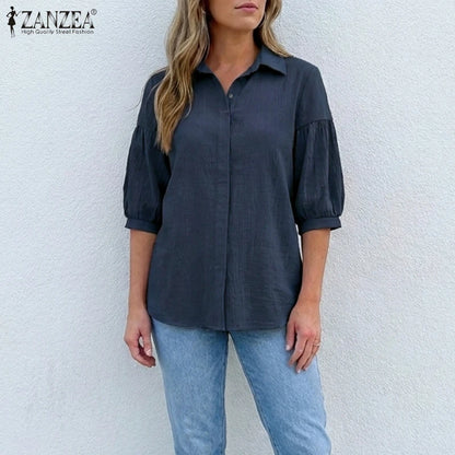 ZANZEA Women's Crinkled Fabric Casual Shirts Turn-Down Collar Half-Buttons 3/4 Lantern Sleeve Blouses Minimalist Solid Color Top