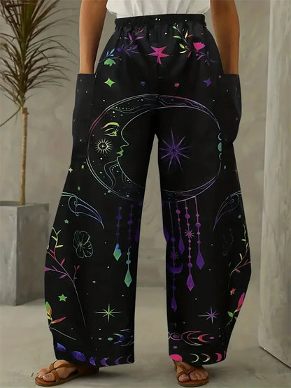 Women's Fashion New Wide-legged Pants Elegant 3d Sun, Moon And Star Printed Pants Women's Street Vintage Pants With Pockets
