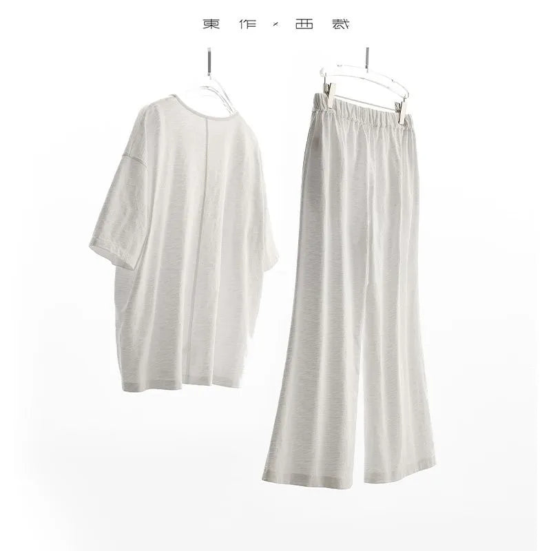 100% Slub Cotton~Women's Matching Sets Short-Sleeved T-Shirt and Flared Pants Two-Piece Loungewear Set 2026 Summer