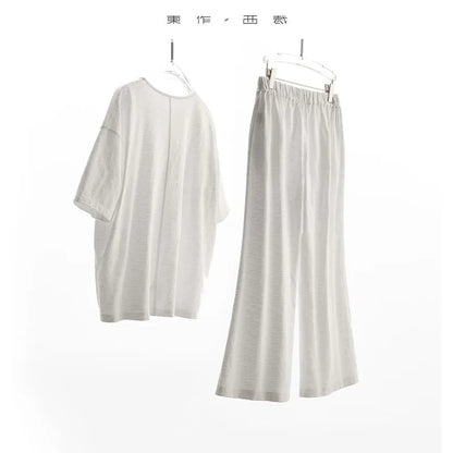 100% Slub Cotton~Women's Matching Sets Short-Sleeved T-Shirt and Flared Pants Two-Piece Loungewear Set 2026 Summer