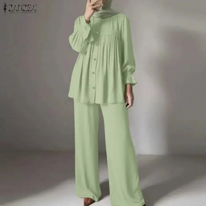 2026 ZANZEA Fashion Women Muslim 2 Piece Sets Casual O Neck Long Sleeve Tops Trousers Suit Ramadan Outfits Solid Color Tracksuit