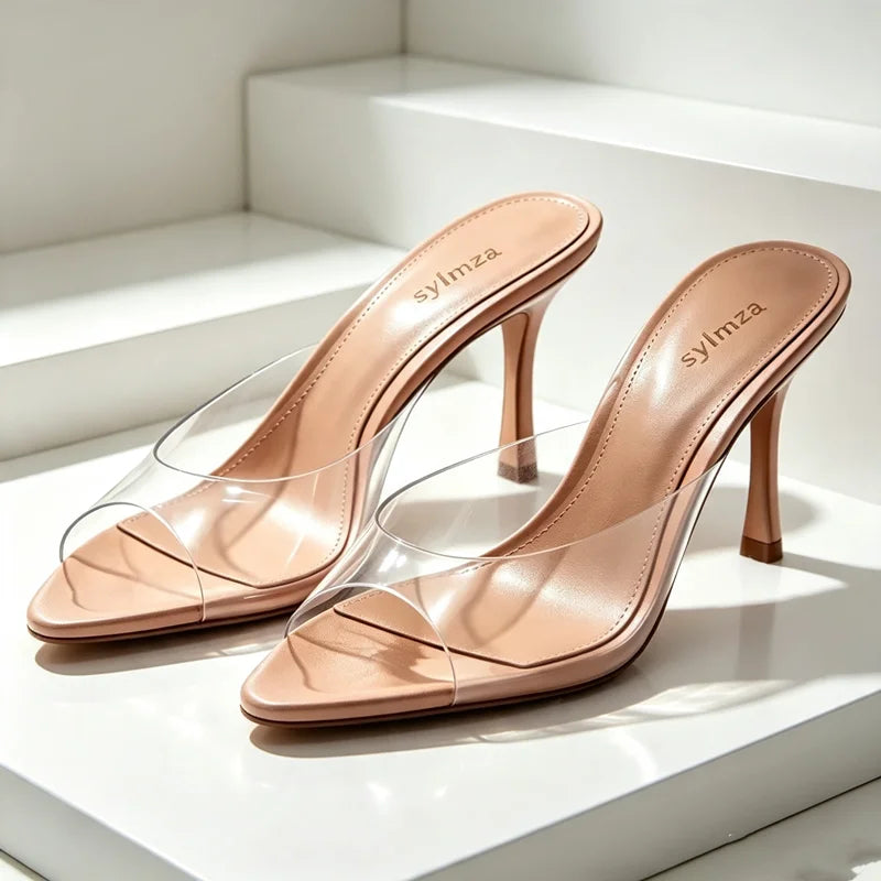 Sexy Pointed Toe Peep Toe Heeled Sandals Women Transparent PVC Design Women Slippers Summer Elegant Women Shoes Mules Sandalias