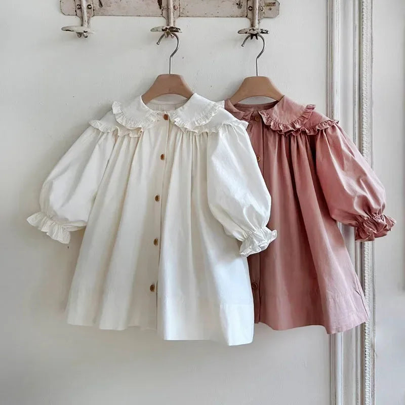 2026 Spring New Children Long Sleeve Casual Dress Cotton Girls Cute Loose Puff Sleeve Dress Toddler Cardigan Dress Kids Clothes