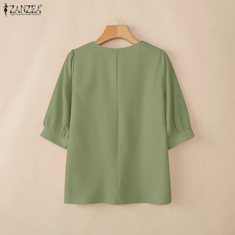 ZANZEA Elegant Plisse Detailing Blouses Women's Classy V-Neck 3/4 Puff Sleeve Solid Color Tops Summer Daily Wear Blusas de Mujer