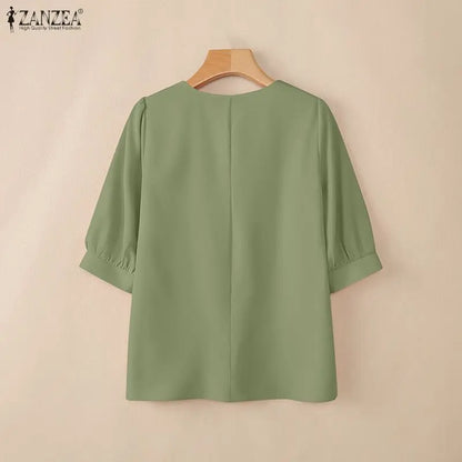 ZANZEA Elegant Plisse Detailing Blouses Women's Classy V-Neck 3/4 Puff Sleeve Solid Color Tops Summer Daily Wear Blusas de Mujer
