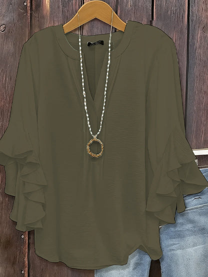 Women V Neck Ruffle Sleeve Loose Chiffon Blouse Casual Summer Top Elegant Office Lady Business Work Shirt Fashion Tunic