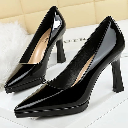 BIGTREE Shoes Platform Women Pumps Patent Leather High Heels Pointed Chunky Heels 9.5 cm Sexy Party Shoes Luxury Banquet Shoes