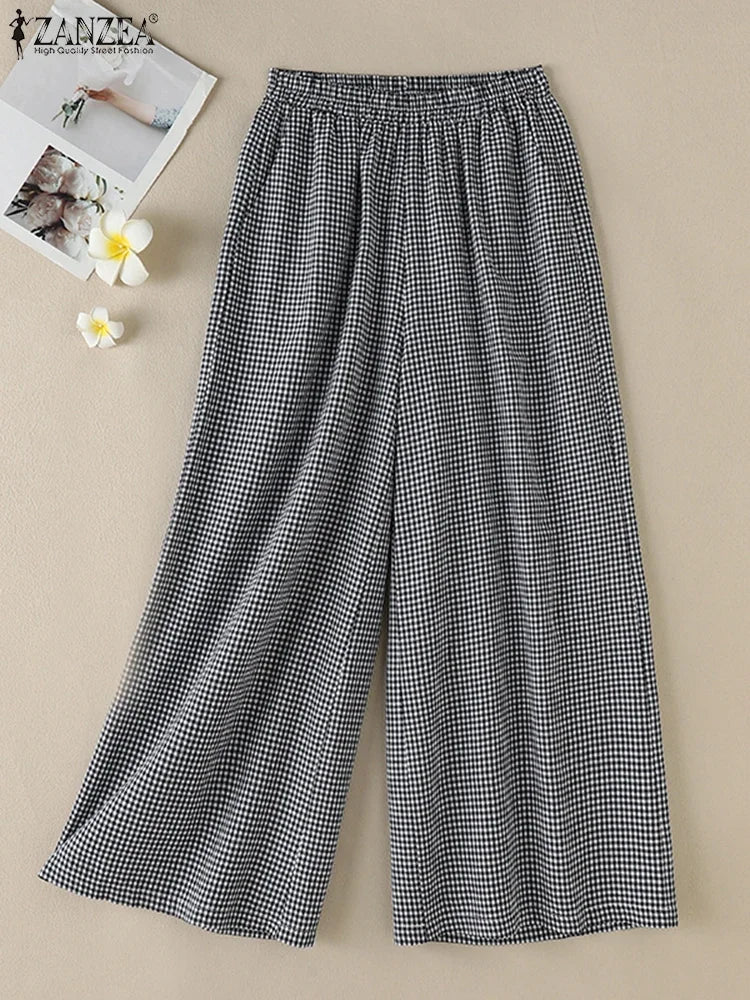 2025 ZANZEA Summer Wide Leg Pants Women Plaid Checked Trousers Casual Elastic Waist Pant Elegant Loose OL Work Pantalon Palazzo