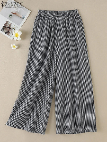 2025 ZANZEA Summer Wide Leg Pants Women Plaid Checked Trousers Casual Elastic Waist Pant Elegant Loose OL Work Pantalon Palazzo
