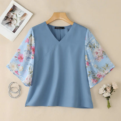 ZANZEA Woman Floral Print 3/4 Sleeve Blouses Elegant Patchwork V-Neck Pullover Tops 2026 Summer Daily Casual Blusas de Mujer