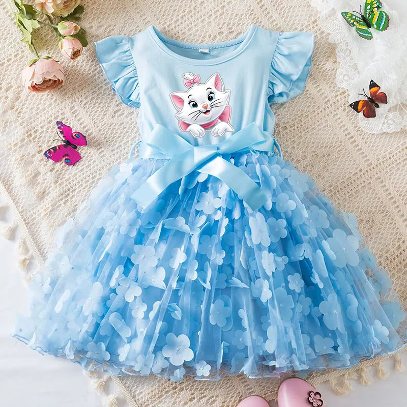 Marie Cat Girls Summer Dress Cartoon Bow Tutu Dress 3D Butterfly Cute Cotton Party Casual Dress for Baby 2-6 Years