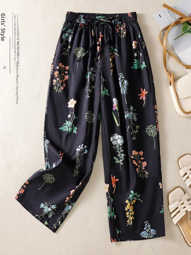 High Waist Wide Leg Printed Casual Pants Summer Thin Large Size Versatile Loose Fit Nine Points Pants Ladies Casual Trousers