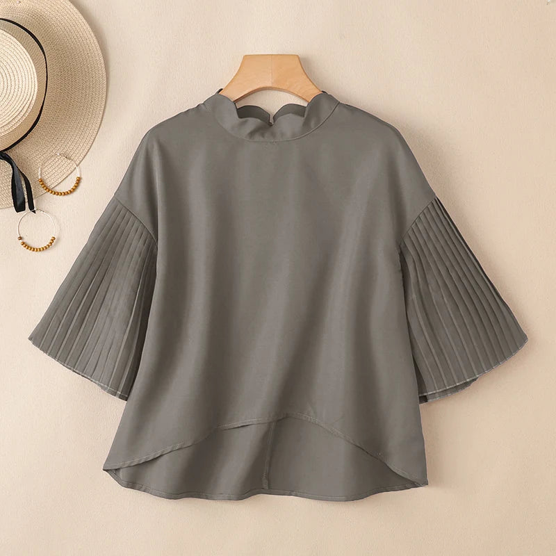 ZANZEA Elegant Women's High-Low Blouses Scalloped Mock Neck Pleated Flare Sleeves Solid Color Tops 2026 Summer Woman Clothes 3XL