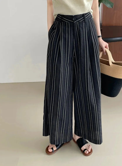 Taochuan Casual Striped Straight Leg Pants Women's Lazy Style High Waist Versatile Slimming Long Trousers Comfortable Fit
