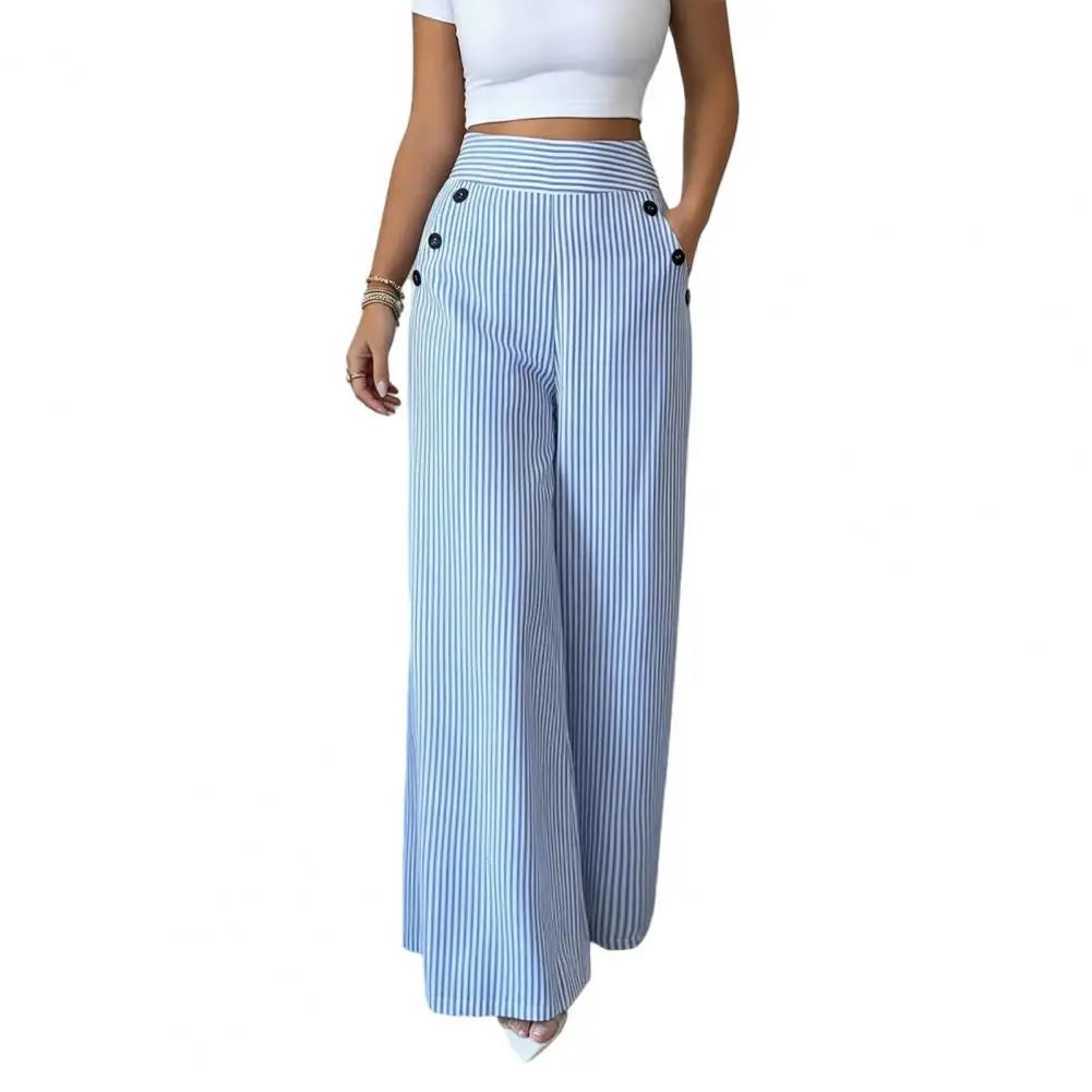 Striped Wide Leg Pants for Women, Loose Casual High Waisted Trousers with Button, Breathable Palazzo Pants with Pockets